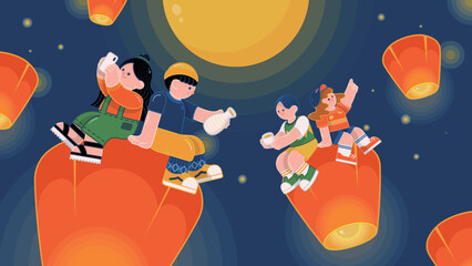 Mid-autumn festival and friends put lanterns