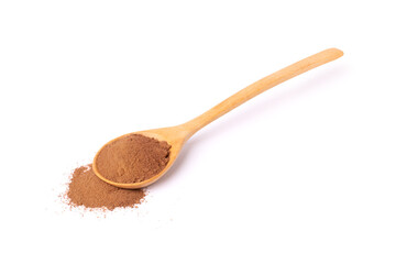 Cocoa powder in wooden spoon isolated on white background. Top view. 