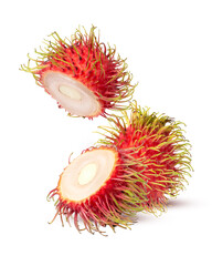 Rambutan fruit with cut in half slice isolated on white background.