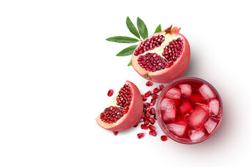 Glass of pomegranate juice with fresh fruit isolated on white background with copy space, top view,...