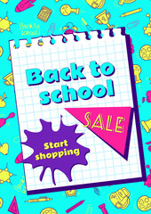 Back to school. Bright vector vintage banner in neon colors of 90s cartoon style. Learning symbols. A sheet from a notebook with a blot. For advertising banner, website, poster, sale flyer.