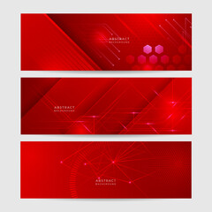 Red technology digital banner design. Science, medical and digital technology header. Geometric abstract background with tech design. Molecular structure and communication vector illustration.