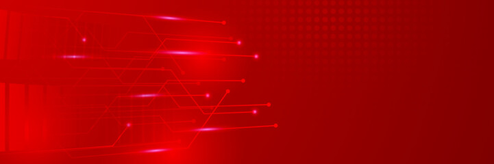 Red technology digital banner design. Science, medical and digital technology header. Geometric abstract background with tech design. Molecular structure and communication vector illustration.
