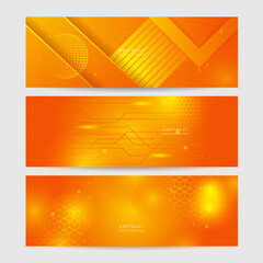 Orange technology digital banner design. Science, medical and digital technology header. Geometric abstract background with tech design. Molecular structure and communication vector illustration.