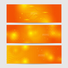 Orange technology digital banner design. Science, medical and digital technology header. Geometric abstract background with tech design. Molecular structure and communication vector illustration.