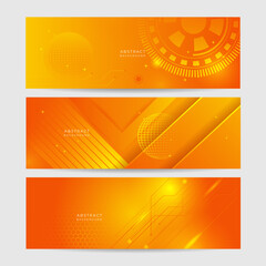 Orange technology digital banner design. Science, medical and digital technology header. Geometric abstract background with tech design. Molecular structure and communication vector illustration.