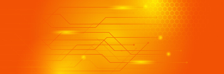 Orange technology digital banner design. Science, medical and digital technology header. Geometric abstract background with tech design. Molecular structure and communication vector illustration.