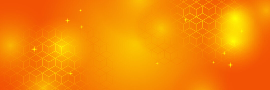 Orange Technology Digital Banner Design. Science, Medical And Digital Technology Header. Geometric Abstract Background With Tech Design. Molecular Structure And Communication Vector Illustration.