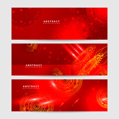 Fototapeta na wymiar Red technology digital banner design. Science, medical and digital technology header. Geometric abstract background with tech design. Molecular structure and communication vector illustration.
