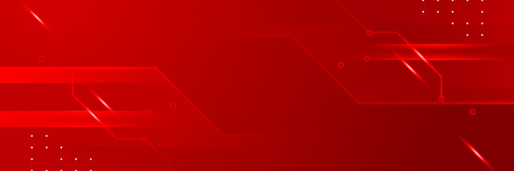 Red technology digital banner design. Science, medical and digital technology header. Geometric abstract background with tech design. Molecular structure and communication vector illustration.