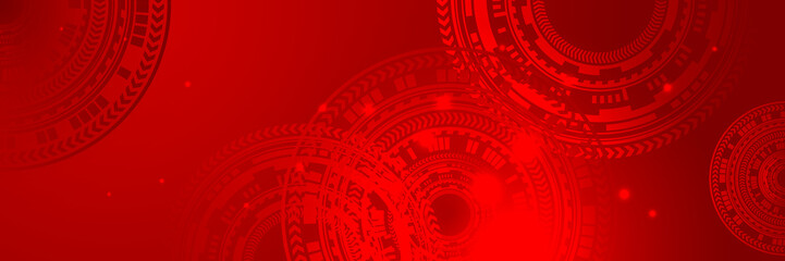 Obraz premium Red technology digital banner design. Science, medical and digital technology header. Geometric abstract background with tech design. Molecular structure and communication vector illustration.