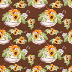 Watercolor autumn pumpkin seamless pattern, perfect to use on the web or in print