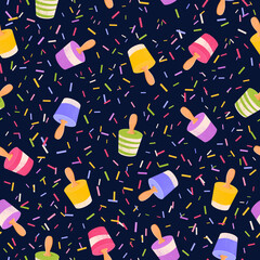 Colorful ice cream pops summer vector seamless pattern on black background, Sweet dessert illustration