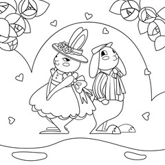 Rabbit Cute Couple In Love. Vector outline animal illustration. Happy Valentines Day