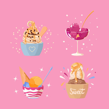 Cute Ice cream refreshing desserts vector set. Balls and soft ice cream in glass bowl and waffle cup.Summer frozen sweets illustration