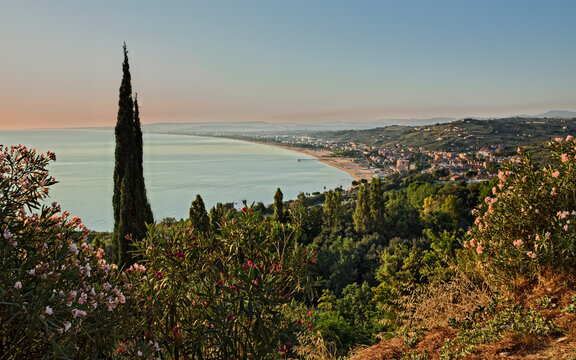 Vasto, Abruzzo, Italy: landscape at sunrise of the the gulf of the adriatic sea with the beach and the ancient city
