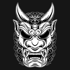 Obraz premium Dark Art Japanese Devil Oni Mask Tattoo Hand Drawn Hatching Style
