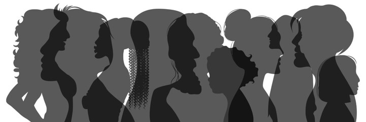 Head in profile. Consumer and employee people silhouettes. Student face characters. Female and male international group. Human bodies overlay. Persons community. Vector illustration