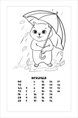 A small kitten walks in the rain. cat with an umbrella. Coloring book for children. Vector illustration isolated on white background. Calendar, November.