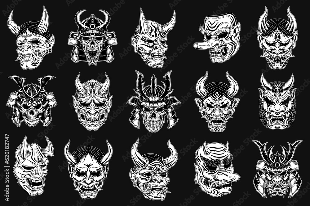 Wall mural set mega bundle dark art japanese oni mask and death warrior skull tattoo hand drawn engraving style