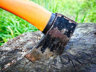 Splitting maul axe embedded in tree stump. Small, used, with orange plastic handle. Stock photo.