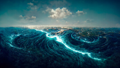 Fototapeta na wymiar Fantasy seascape with beautiful waves and foam. Foam on the waves of water. Top view of the ocean waves. Dove water background. 3D illustration.