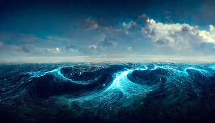 Fantasy seascape with beautiful waves and foam. Foam on the waves of water. Top view of the ocean waves. Dove water background. 3D illustration. - obrazy, fototapety, plakaty