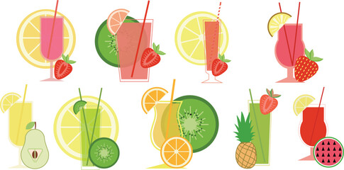 Set of cocktails and lemonades color flat icons for web and mobile design. Outline colorful illustration isolated on white background