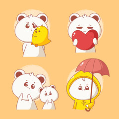 Hand drawn set of polar bear different gestures cartoon illustration