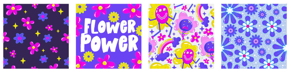 Obraz na płótnie Canvas Daisy flower power poster set for print design. Abstract trippy psychedelic pattern. Flower power. Funny vector illustration. Retro 1990 poster for tshirt design