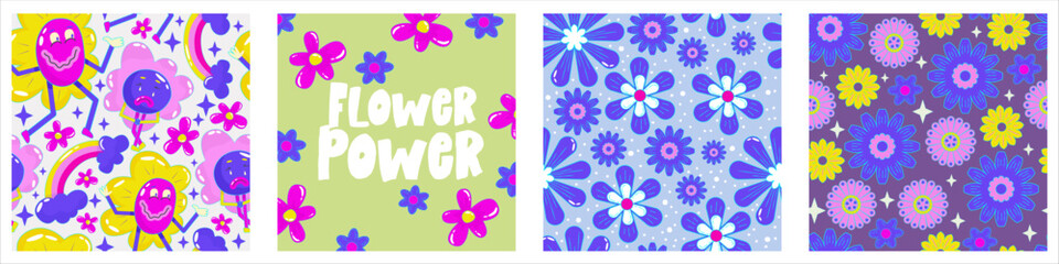 Daisy flower power poster set for print design. Abstract trippy psychedelic pattern. Flower power. Funny vector illustration. Retro 1990 poster for tshirt design