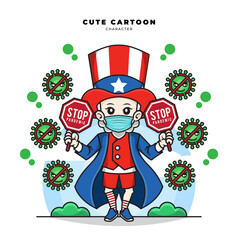 Cute cartoon character of uncle sam is holding stop pandemic covid-19 sign