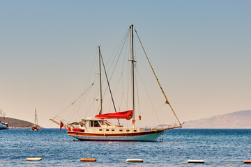 Fototapeta premium View of boats and yachts in the Aegean Sea from the Bodrum embankment, Turkey.