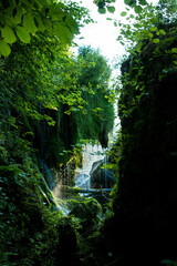 paisaje de naturaleza con cascadas sobre una cueva con agua cristalina, musgo hojas verdes en un viaje por croacia europa