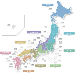 日本地図地方別色分け　Japan map colorful.