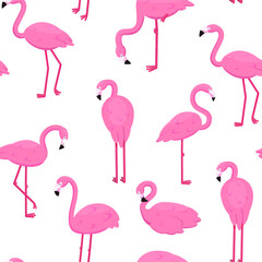 Cute flamingo pattern. Spring or summer happy tropical art, pink africa wallpaper or fabric. Fashion hawaii background. Decor textile, wrapping paper or print. Vector seamless texture