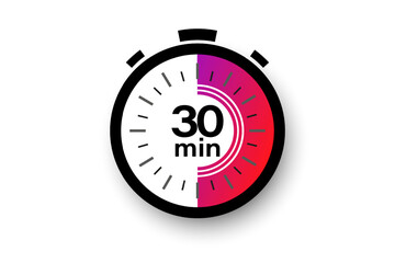 30 minutes timer. Stopwatch symbol in flat style. Editable isolated vector illustration.	