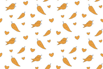 Hand drown carrots with orange hearts seamless patternt vegetarian background