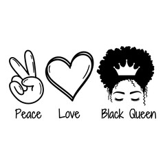 Peace Love Black Queen. Woman face with eyelashes and crown. Vector illustration.  Isolated on white background. Good for posters, t shirts, postcards.