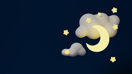 3d Paper cut Clouds,Moon and Stars on Night Sky Blue Background.Sale Header or Voucher Template with Gold Moon,Good night and sweet dreams banner.Place for text.3D rendering illustration