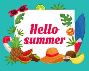 Fruit summer background. Hello time, fun food banner, happy travel and outdoor picnic, cold drink label or party poster. Surfing and beach tools. Vector greeting design cartoon illustration
