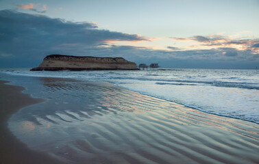 Blue hour on beach after sunset Atlantic coast of Charente-Maritime, France near Royan on shores of...