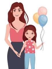 vector illustration of a woman with a girl.portrait of mom and daughter isolated on white background.
