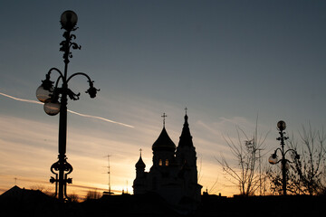 silhouette of the Russian Orthodox Church at sunset