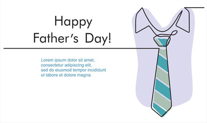 One continuous single line drawing of a lettering Happy Father's Day with tie. Concept Father's Day card minimalism style. Vector illustration