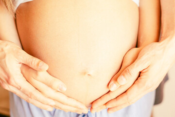 Pregnant belly hands. Happy pregnancy woman and husband hugging pregnant belly. Concept maternity, pregnancy, childbirth.