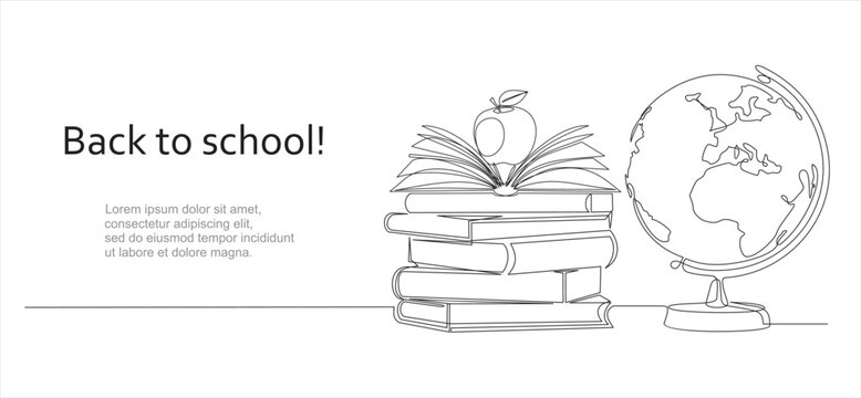 Continuous one line drawing of earth globe, books stack and apple vector design on white background. Back to school. Hand drawn graphic concept for education.