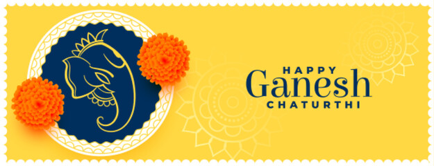 decorative hindu festival ganesh chaturthi traditional yellow banner - obrazy, fototapety, plakaty