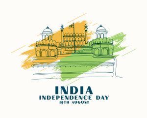 independence day of india with hand drawn red fort - obrazy, fototapety, plakaty