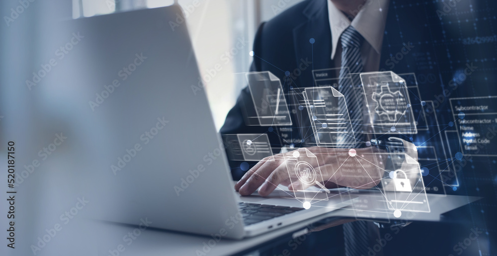 Poster businessman working with business analytics and data management system on computer connecting to dat